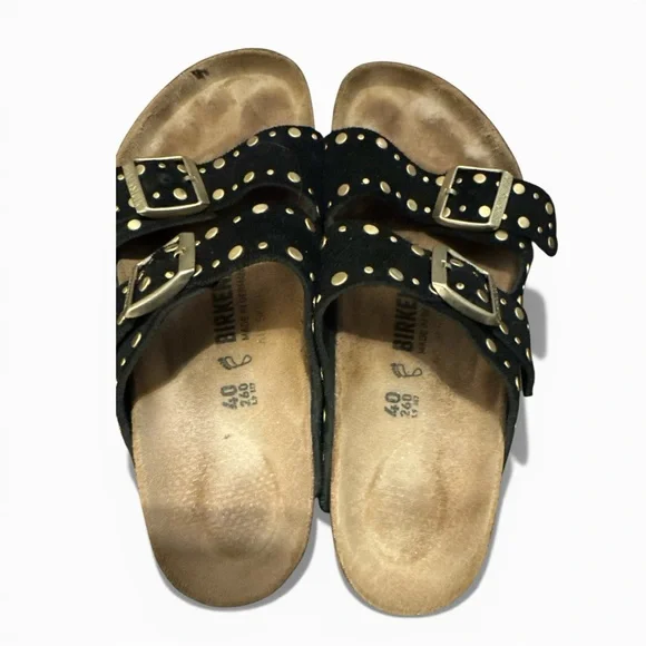 Birkenstock Arizona Black Suede Sandals with Gold Rivets - Picture 2 of 5